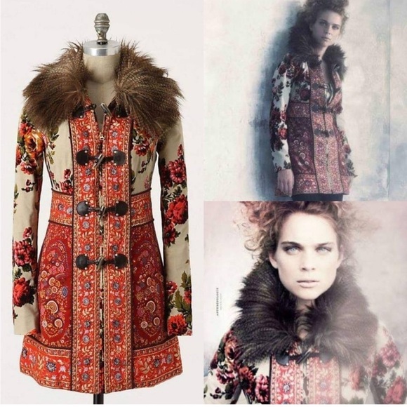 Anthropologie Karelia Coat Elevenses Jacket Red Floral Zip Fur Collar Size 6 - Picture 8 of 15
